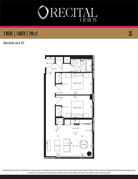 Floor plan for 2 beds, 1 bath, 719 sqft